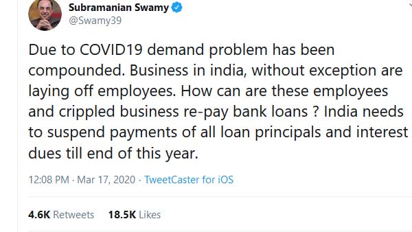 Suspend payments of all loan principals and interest: Subramanian Swamy Suspend payments of all loan principals and interest: Subramanian Swamy