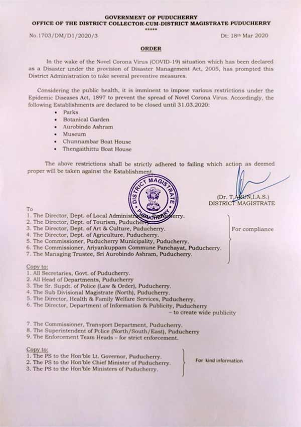 Tourist places in Puducherry closed due to coronavirus Tourist places in Puducherry closed due to coronavirus