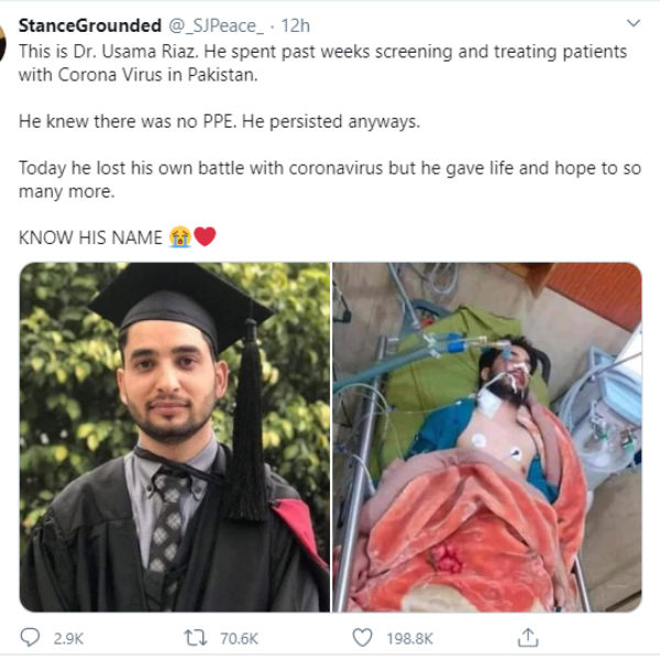 Usama Riaz, a young doctor who treated coronavirus patients has died in pakistan Usama Riaz, a young doctor who treated coronavirus patients has died in pakistan