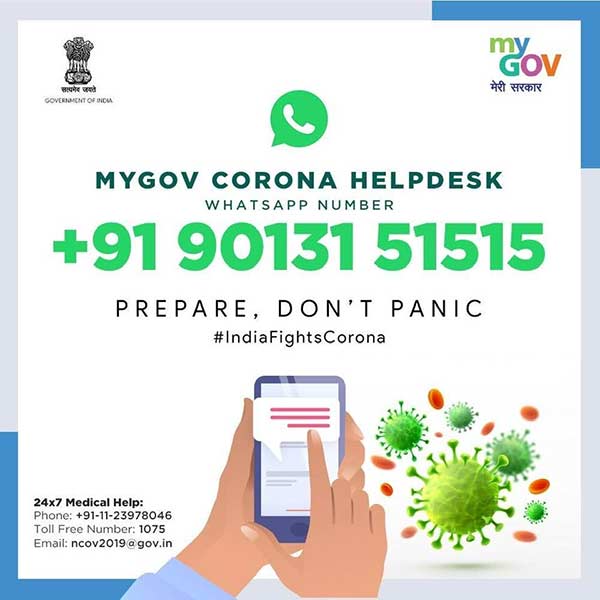 Coronavirus: Government launches MyGov Corona Helpdesk on WhatsApp Coronavirus: Government launches MyGov Corona Helpdesk on WhatsApp