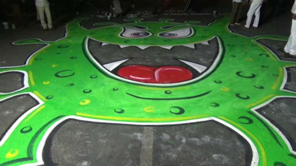 Awareness of coronavirus is being painted on the roads in Puducherry Awareness of coronavirus is being painted on the roads in Puducherry