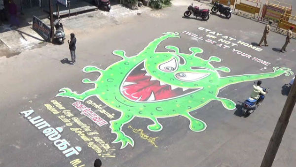 Awareness of coronavirus is being painted on the roads in Puducherry Awareness of coronavirus is being painted on the roads in Puducherry