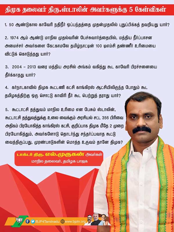 TN BJP leader Murugan questions to MK Stalin on Cauvery Issue TN BJP leader Murugan questions to MK Stalin on Cauvery Issue