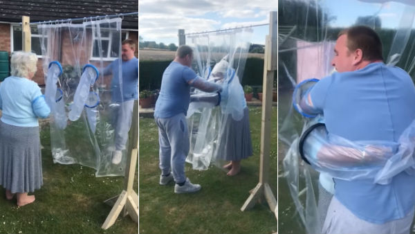 Corona crisis: Man makes cuddle curtain to hug granny Corona crisis: Man makes cuddle curtain to hug granny