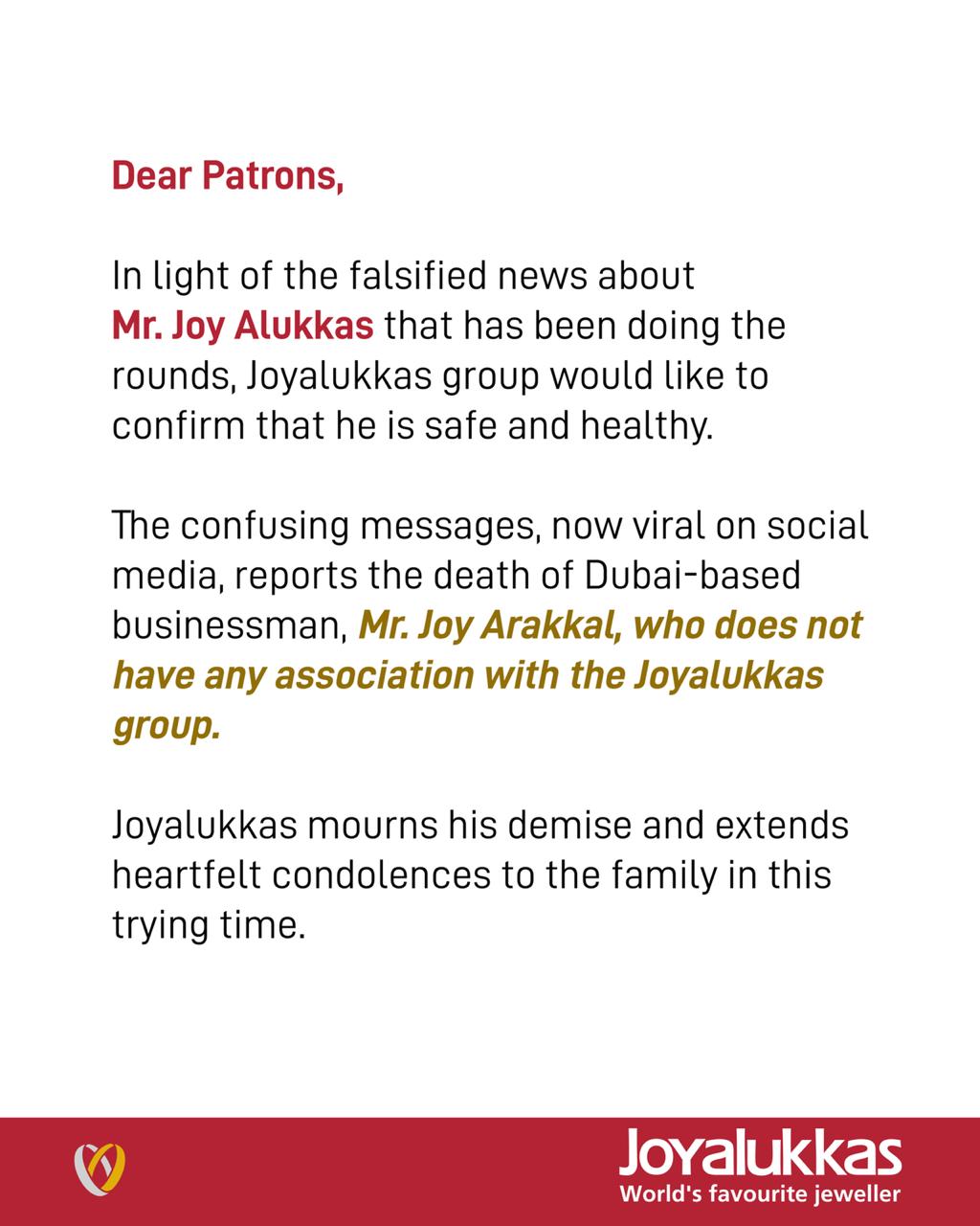 Fake news on Joyalukkas founder died due to coronavirus in UAE Fake news on Joyalukkas founder died due to coronavirus in UAE