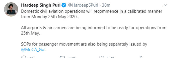 Domestic civil aviation operations will recommence from May 25 in India Domestic civil aviation operations will recommence from May 25 in India