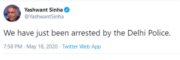 Yashwant Sinha Arrested, hold Dharna for migrant workers Yashwant Sinha Arrested, hold Dharna for migrant workers
