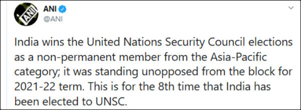 India wins unopposed UNSC’s non-permanent member seat India wins unopposed UNSC’s non-permanent member seat