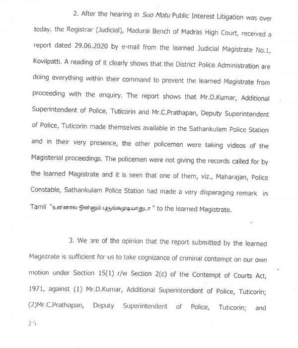 Sathankulam Death: Madurai bench of MHC has initiated contempt proceedings against Tuticorin ASP, DSP Sathankulam Death: Madurai bench of MHC has initiated contempt proceedings against Tuticorin ASP, DSP