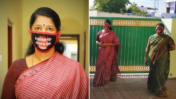 justice for jayaraj and fenix death: kanimozhi were mask with text of sathankulam case justice for jayaraj and fenix death: kanimozhi were mask with text of sathankulam case