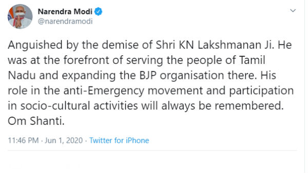 PM Modi expresses condolences on K.N. Lakshmanans demise PM Modi expresses condolences on K.N. Lakshmanans demise