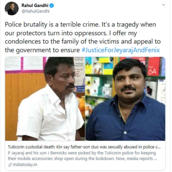 Sathankulam Death: Rahul Gandhi voice against the brutal incident Sathankulam Death: Rahul Gandhi voice against the brutal incident