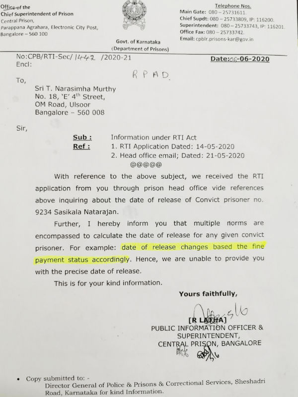 When Sasikala will get released? Bangalore central prison answers for RTI When Sasikala will get released? Bangalore central prison answers for RTI