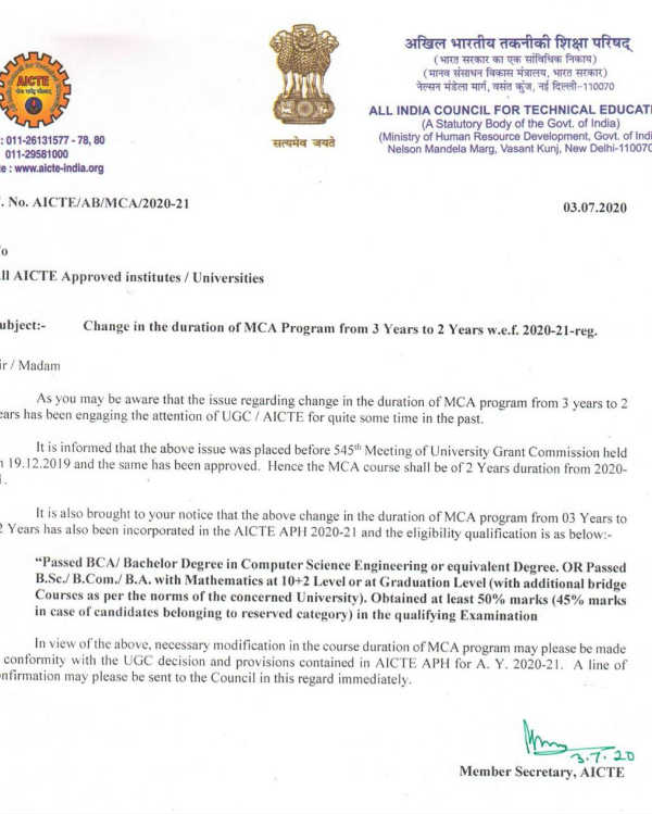 MCA course change: change in the duration of MCA program from 3 years to 2 years w.e/f 2020-21 MCA course change: change in the duration of MCA program from 3 years to 2 years w.e/f 2020-21