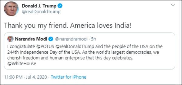 President Trump thanks PM Modi for wishing on US independence day President Trump thanks PM Modi for wishing on US independence day