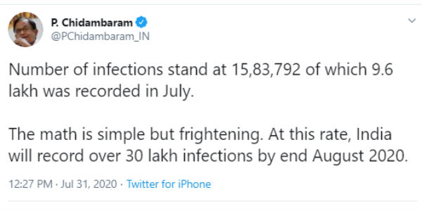 P. Chidambaram warns India may see 30 lakh corona infections by end August 2020 P. Chidambaram warns India may see 30 lakh corona infections by end August 2020