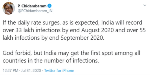 P. Chidambaram warns India may see 30 lakh corona infections by end August 2020 P. Chidambaram warns India may see 30 lakh corona infections by end August 2020