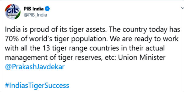 Union Minister PrakashJavdekar releases detailed report of Tiger Census on the eve of Global Tiger Day Union Minister PrakashJavdekar releases detailed report of Tiger Census on the eve of Global Tiger Day