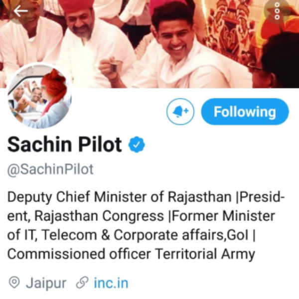 Sachin Pilot changes his bio on Twitter Sachin Pilot changes his bio on Twitter