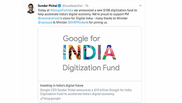 Google CEO Sundar Pichai announced a 75,000 crores dollar Digitization Fund to help accelerate India’s digital economy Google CEO Sundar Pichai announced a 75,000 crores dollar Digitization Fund to help accelerate India’s digital economy
