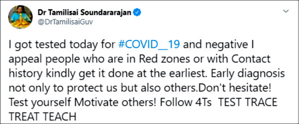 I got tested today for COVID 19 and negative: tamilisai Soundararajan I got tested today for COVID 19 and negative: tamilisai Soundararajan