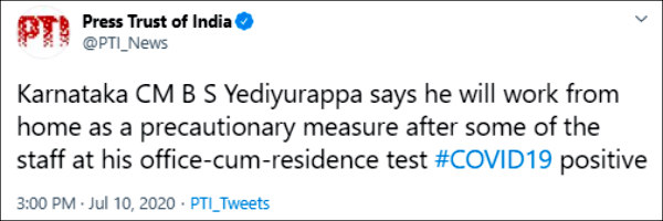 Karnataka CM B S Yeddyurappa isolated himself after finding his office cum residence test COVID19 positive Karnataka CM B S Yeddyurappa isolated himself after finding his office cum residence test COVID19 positive