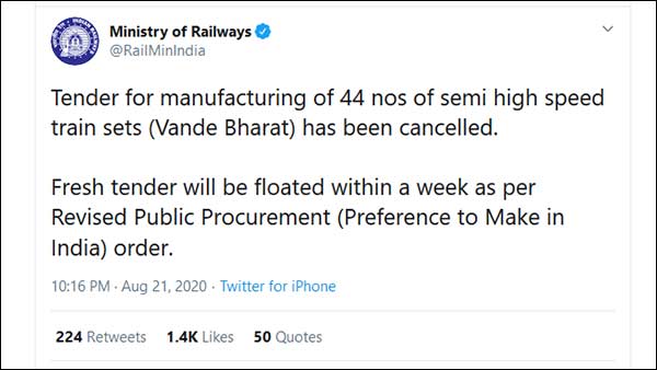Tender for manufacturing of 44 semi high speed Vande Bharat train sets has been cancelled. Tender for manufacturing of 44 semi high speed Vande Bharat train sets has been cancelled.