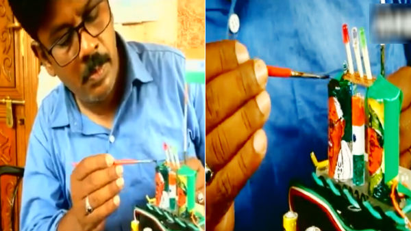 Coimbatore: Artist Raja paints images of freedom fighters on small batteries Coimbatore: Artist Raja paints images of freedom fighters on small batteries