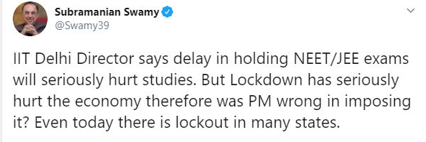 NEET, JEE exam,vipreet buddhi only time will tell says Subramanian Swamy NEET, JEE exam,vipreet buddhi only time will tell says Subramanian Swamy