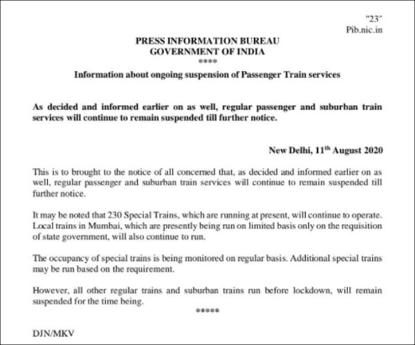 Train services will continue to remain suspended till further notice: Ministry of Railways Train services will continue to remain suspended till further notice: Ministry of Railways