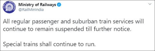 Train services will continue to remain suspended till further notice: Ministry of Railways Train services will continue to remain suspended till further notice: Ministry of Railways