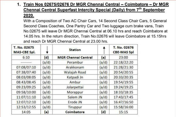Special trains in TN from Sep 7th to Madurai, Coimbatore, Trichy Special trains in TN from Sep 7th to Madurai, Coimbatore, Trichy