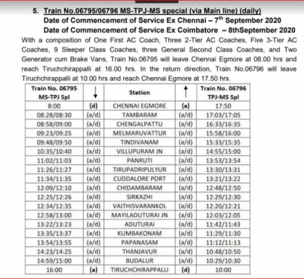 Special trains in TN from Sep 7th to Madurai, Coimbatore, Trichy Special trains in TN from Sep 7th to Madurai, Coimbatore, Trichy