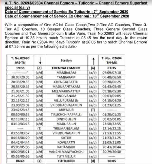 Special trains in TN from Sep 7th to Madurai, Coimbatore, Trichy Special trains in TN from Sep 7th to Madurai, Coimbatore, Trichy