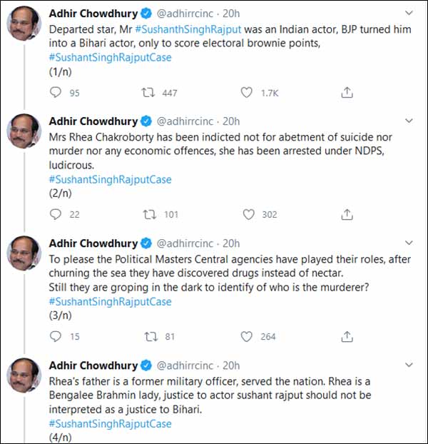 Rhea Chakrabortys arrest over drug charges as ludicrous says Adhir Ranjan Chowdhury Rhea Chakrabortys arrest over drug charges as ludicrous says Adhir Ranjan Chowdhury