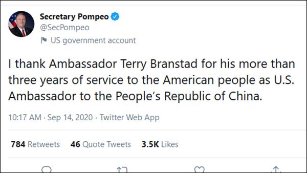 Mike Pompeo tweets on US Ambassador to China Stepping Down Mike Pompeo tweets on US Ambassador to China Stepping Down