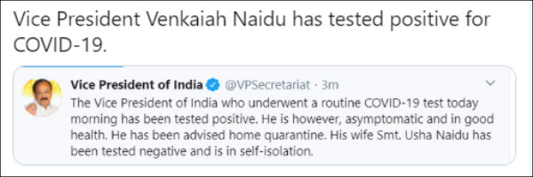 Vice President Venkaiah Naidu tests positive for Coronavirus Vice President Venkaiah Naidu tests positive for Coronavirus