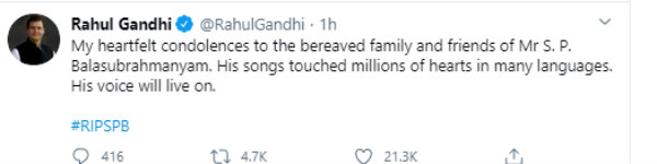 SP Balasubrahmanyam death twitter reactions from Rahul Gandhi MK Stalin Latha mangeshkar SP Balasubrahmanyam death twitter reactions from Rahul Gandhi MK Stalin Latha mangeshkar