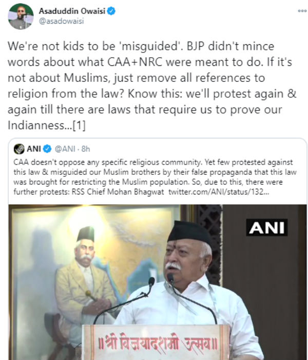 Asaduddin Owaisi responds to RSS chief Mohan Bhagwat on CAA Row Asaduddin Owaisi responds to RSS chief Mohan Bhagwat on CAA Row