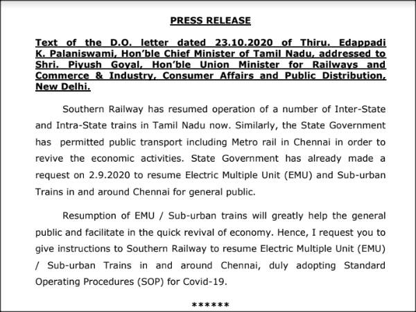CM Edappadi Palaniswami writes to Centre to resume Suburban trains CM Edappadi Palaniswami writes to Centre to resume Suburban trains