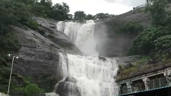 Courtallam Falls flooded with water due to good rain Courtallam Falls flooded with water due to good rain