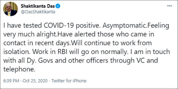RBI Governor Shaktikanta Das tests positive for coronavirus RBI Governor Shaktikanta Das tests positive for coronavirus