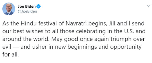 Joe Biden tweets Navratri wish for Hindus Joe Biden tweets Navratri wish for Hindus