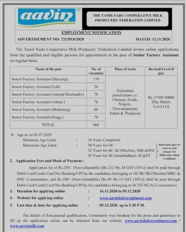 Aavin invites 460 job vacancies in Tamilnadu Aavin invites 460 job vacancies in Tamilnadu