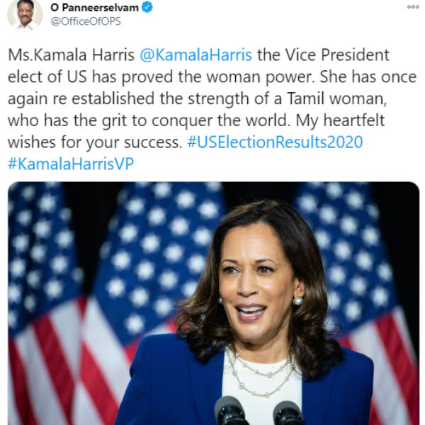 O Paneerselvam wishes Kamala Harris the Vice President elect of US has proved the woman power O Paneerselvam wishes Kamala Harris the Vice President elect of US has proved the woman power