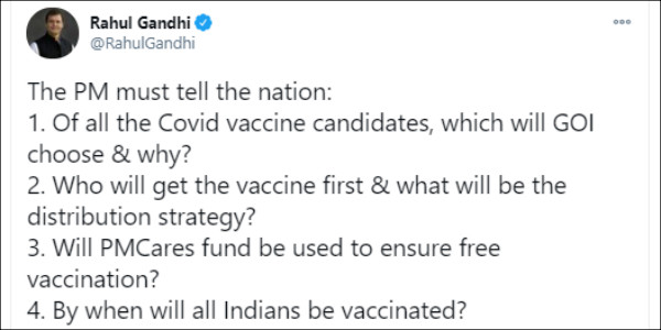 Will PMCares fund be used to ensure free vaccination asks Rahulgandhi Will PMCares fund be used to ensure free vaccination asks Rahulgandhi