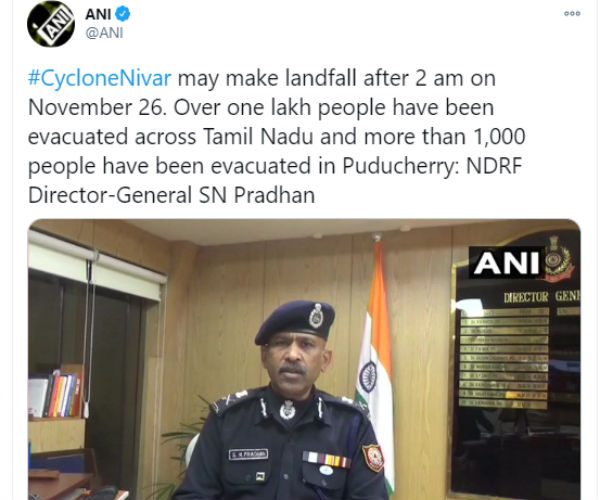 Cyclone Nivar may make landfall after 2 am Cyclone Nivar may make landfall after 2 am