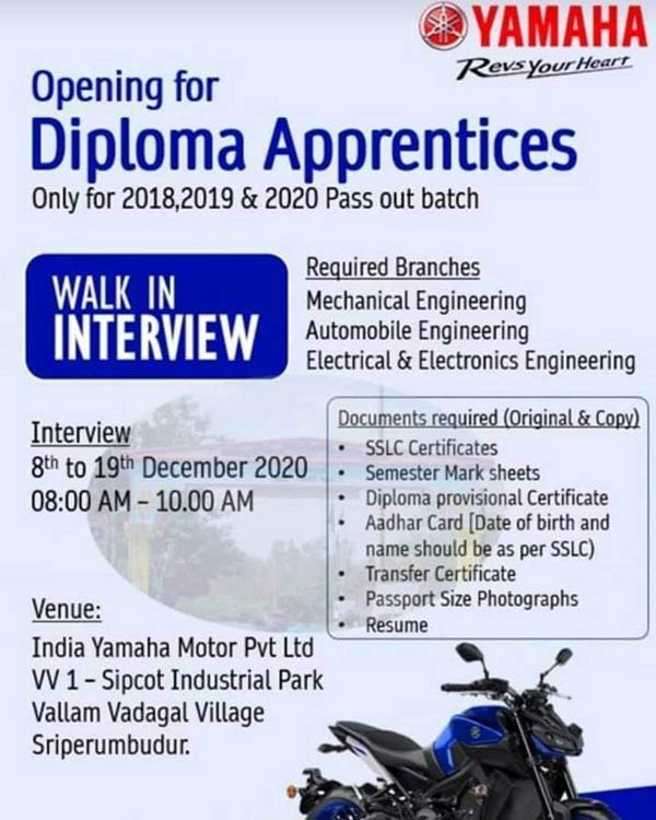 Amazing opportunity offered by Yamaha in Sriperumbudur for Diploma graduates Amazing opportunity offered by Yamaha in Sriperumbudur for Diploma graduates