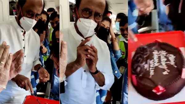 Rajinikanth cuts Birthday cake in spicejet Rajinikanth cuts Birthday cake in spicejet
