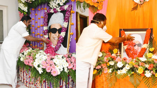 edappadi palaniswami and O. Panneerselvam pay homage to the MGR statue at the AIADMK office edappadi palaniswami and O. Panneerselvam pay homage to the MGR statue at the AIADMK office